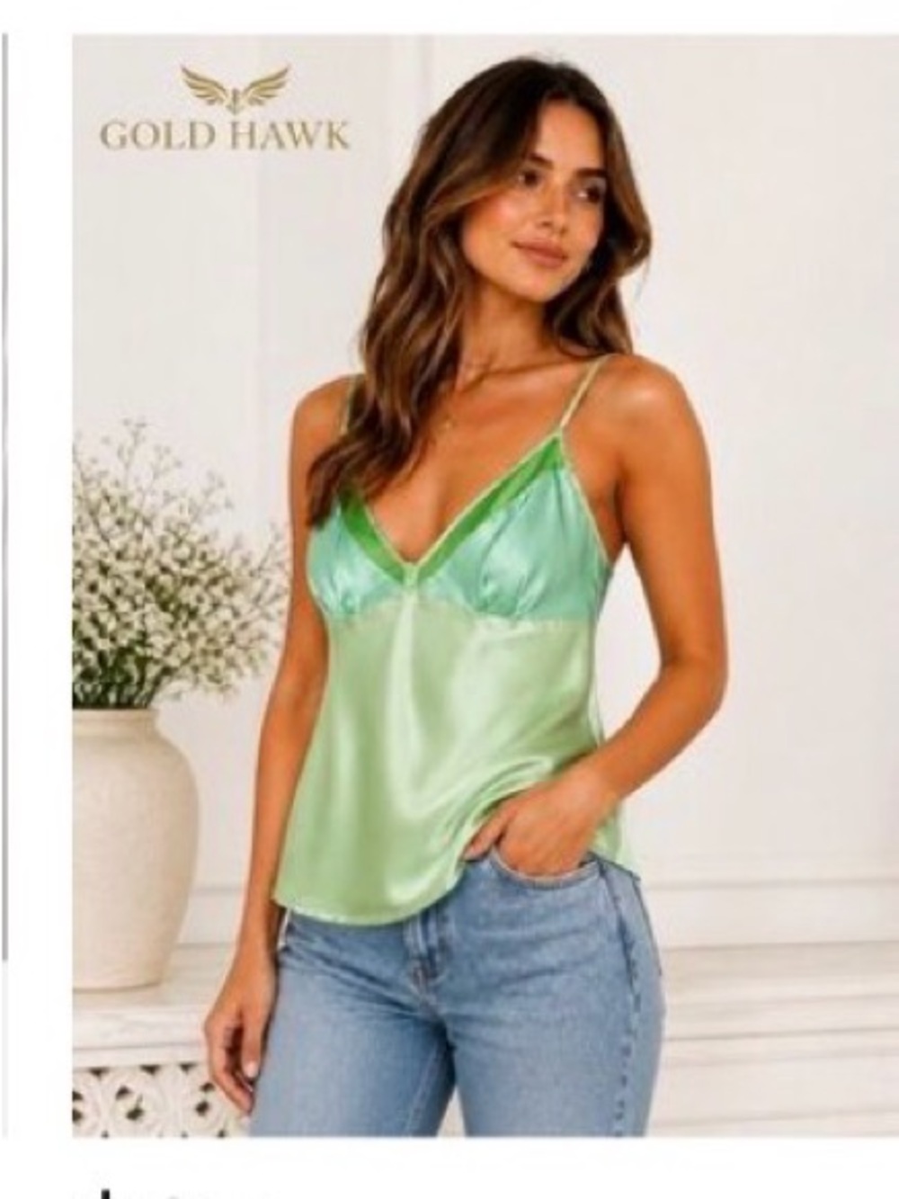 Gold Hawk 100% silk Green camisole - Picture 2 of 8